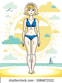 Attractive young blonde woman standing on tropical beach and wearing blue bathing suit. Vector human illustration. Summer vacation theme.