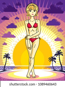 Attractive young blonde woman standing on sunset landscape with palms and wearing red bathing suit. Vector human illustration.