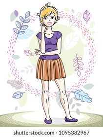 Attractive young blonde woman standing on background of spring landscape and wearing stylish casual clothes. Vector human illustration.