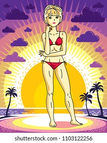 Attractive young blonde woman standing on sunset landscape with palms and wearing red bathing suit. Vector human illustration.