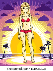Attractive young blonde woman standing on sunset landscape with palms and wearing red bathing suit. Vector human illustration.