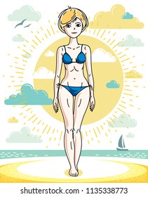 Attractive young blonde woman standing on tropical beach and wearing blue bathing suit. Vector human illustration. Summer vacation theme.