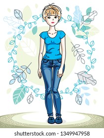 Attractive young blonde woman standing on background of spring landscape with blue leaves and wearing stylish casual clothes. Vector human illustration.