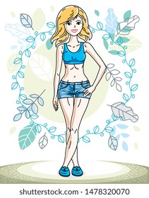 Attractive young blonde woman standing on background of spring landscape and wearing stylish casual clothes. Vector human illustration.