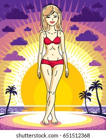 Attractive young blonde woman standing on sunset landscape with palms and wearing red bathing suit. Vector human illustration.