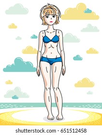 Attractive young blonde woman standing on tropical beach and wearing blue bathing suit. Vector human illustration. Summer vacation theme.