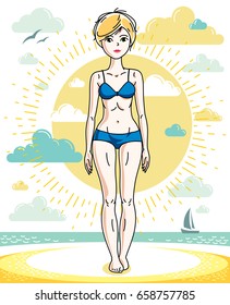 Attractive young blonde woman standing on tropical beach and wearing blue bathing suit. Vector human illustration. Summer vacation theme.