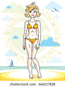 Attractive young blonde woman standing on tropical beach and wearing bathing suit. Vector human illustration. Summer vacation theme.