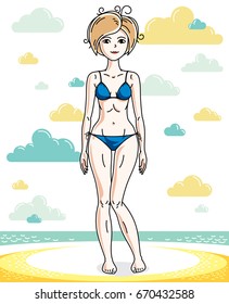 Attractive young blonde woman standing on tropical beach and wearing blue bathing suit. Vector human illustration. Summer vacation theme.