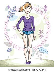 Attractive young blonde woman standing on background of spring landscape and wearing stylish casual clothes. Vector human illustration.