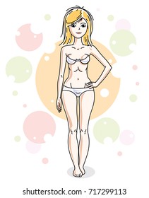 Attractive young blonde woman standing in underwear on colorful background with bubbles. Vector human illustration. 