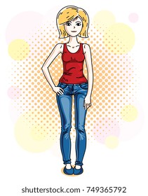 Attractive young blonde woman standing on colorful background with bubbles and wearing casual clothes. Vector human illustration. 