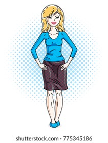 Attractive young blonde woman standing on background with bubbles and wearing casual clothes. Vector human illustration. 