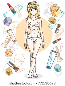 Attractive young blonde woman in underwear standing on colorful background with cosmetic accessories. Vector human illustration. 