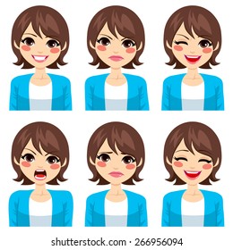 Attractive young brunette woman on six different face expressions set