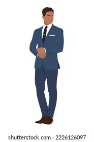 Attractive young business man dressed in elegant blue suit or tuxedo. Happy male cartoon character wearing formal or evening clothing. Vector realistic illustration isolated on white background.