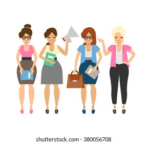 attractive young business woman characters set.secretary office worker assistant manager with megaphone documents briefcase isolated on white background