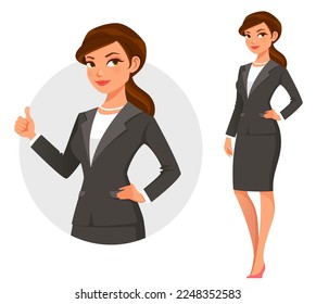 Atractiva joven empresaria con elegante traje negro. Hermosa mujer sonriente con atuendo de oficina. Caricatura. Aislado en blanco.