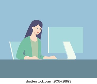 Attractive young businesswoman works remotely on f computer. Concept illustration for support, assistance, online calls and meetings. Vector flat illustration EPS10.