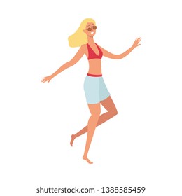 Attractive young caucasian girl blonde in bikini and swimsuit, shorts and sunglasses dancing at a beach party. Isolated vector flat cartoon illustration.