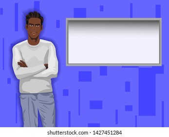 Attractive young confident black man stands with his arms crossed in a gray sweater and black pants. Behind him hangs an empty banner.Blue background with gray board with space for your ad/text