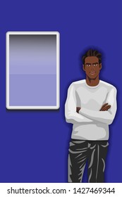 Attractive young confident black man stands with his arms crossed in a gray sweater and black pants on a dark blue background. Behind him hangs an empty vertical banner for your ad/text.