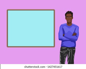 Attractive young confident man stands with his arms crossed in a blue sweater and black pants. Behind him hangs an empty light blue banner on light purple background.