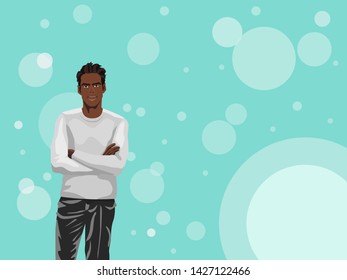 Attractive young dark-skinned confident man stands with his arms crossed in a gray sweater and black pants. The guy is standing in the left corner of the illustration on a light blue unobtrusive BG