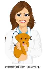 attractive young female veterinarian hugging cute little dog isolated on white background