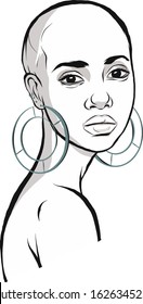 Attractive young girl. Art. Monochrome portrait. Bald woman. Beautiful face, eyes, puffy lips. Hairless head. Large round hoop earrings. Vector isolated.