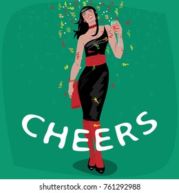 Attractive young girl in black dress welcome and raise her glass. Beautiful woman toasting. Invitation concept. Lettering Cheers. Simplistic realistic cartoon art style. Vector illustration
