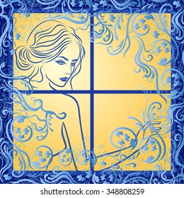 Attractive young girl in a brightly lighted room, view through the frosted window, hand drawing vector artwork