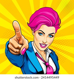 Attractive young girl dressed in uniform smiles cheerfully and points her finger at you, vector illustration in comic style