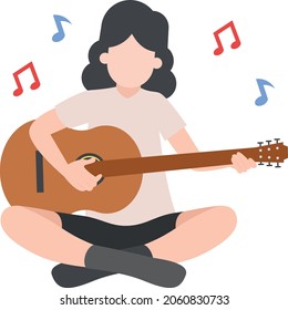 Attractive Young Girl Is Playing Guitar with Music Notes Concept Vector Color Icon Design, Free time activities Symbol, Extracurricular activity Sign, hobbies interests Stock Illustration