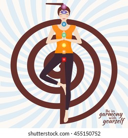 Attractive young girl practicing tree yoga pose. Chakra pictograms on choku rei symbol at the back. Vector illustration.