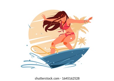 Attractive young girl silhouette surfing on surfboard. Isolated icon concept beauty woman character in swimsuit relaxing using board on water on summer trip. Vector illustration.