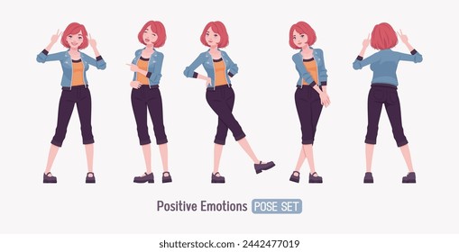 Atractiva joven feliz mujer emoción positiva. Adulto rojo choppy bob corte de pelo chica con chaqueta fresca, pantalones capri, zapatos de tacón Mary Jane, gente joven ropa de calle estilo. Ilustración de vector