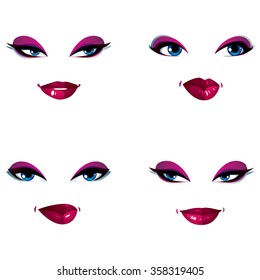 Attractive young ladies vector art portraits collection, girls with makeup and blue eyes. Facial expression of females, different characters.
