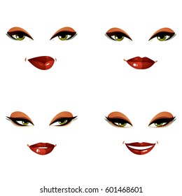Attractive young ladies vector art portraits collection, girls with makeup and green eyes. Facial expression of females, different characters.