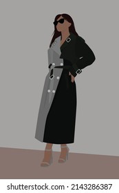 Attractive young lady with dark hair in sandals. Vector flat image of a lady in a two-tone cloak with silver buttons. Design for postcards, posters, avatars, textiles, templates.