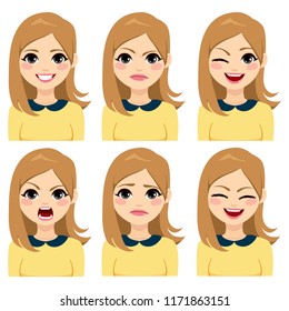 Attractive young long hair blonde woman on six different face expressions set