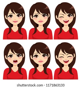 Attractive young long hair brunette woman on six different face expressions set