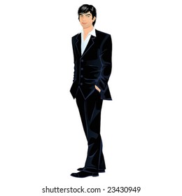 Attractive young man in black suit, vector illustration