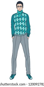 Attractive young man in diamonds-patterned knitted jumper, vector illustration