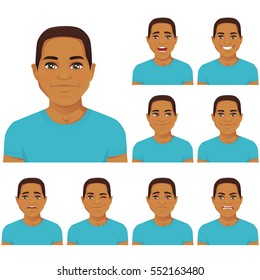 Attractive young man with different facial expressions set isolated