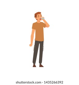 Attractive Young Man Drinking Fresh Clean Water from Plastic Bottle Vector Illustration