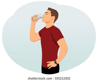 Attractive young man is drinking water from a glass. Fitness and health.
