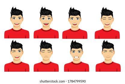 Attractive young man with eight different face expressions collection isolated with white background 