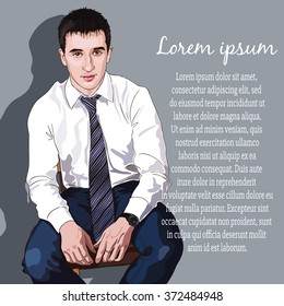 Attractive young man in fashion business style uniform. Vector hand draw illustration. Isolated on gray background.
