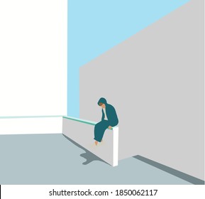 Attractive young man in green hoody coat who lost job abandoned and lost in depression sitting on white wall, looking away suffering emotional pain, crying alone.